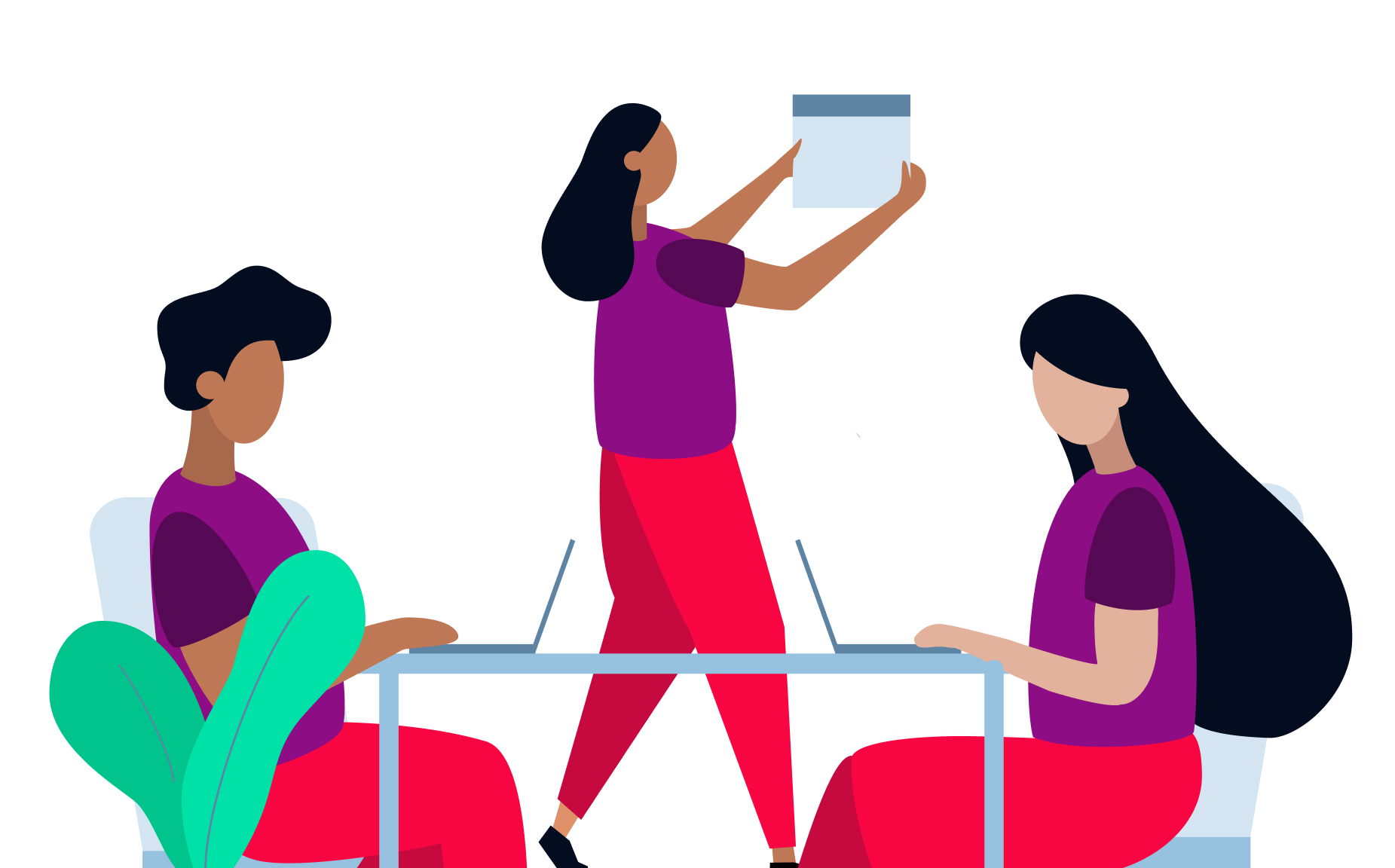 Illustration von Personen die am Laptop beziehungsweise auf einem Tablet etwas lesen