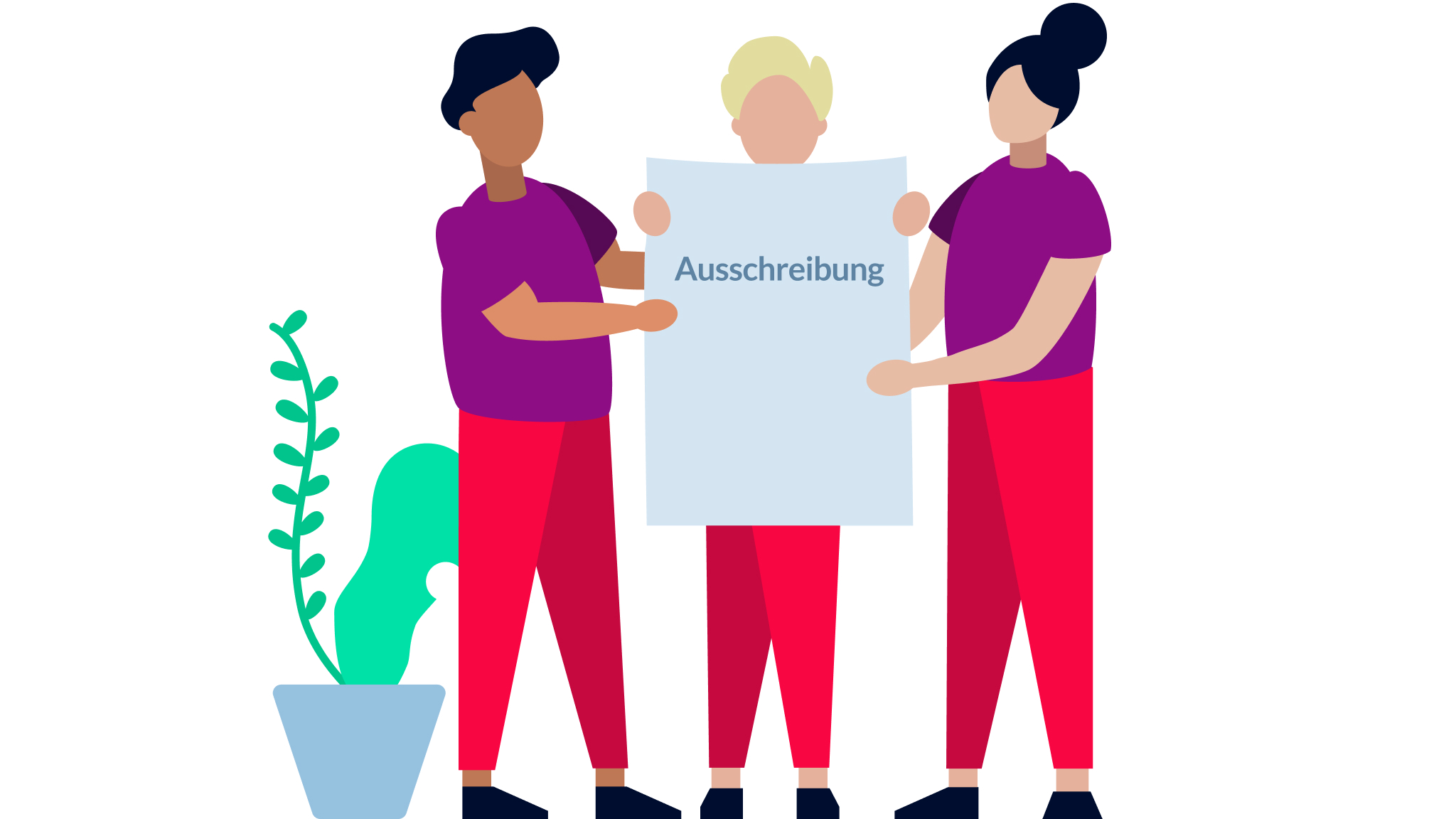 Illustration von drei Personen, die ein Schild mit der Aufschrift "Ausschreibung" in der Hand halten ©  Digital Austria 
